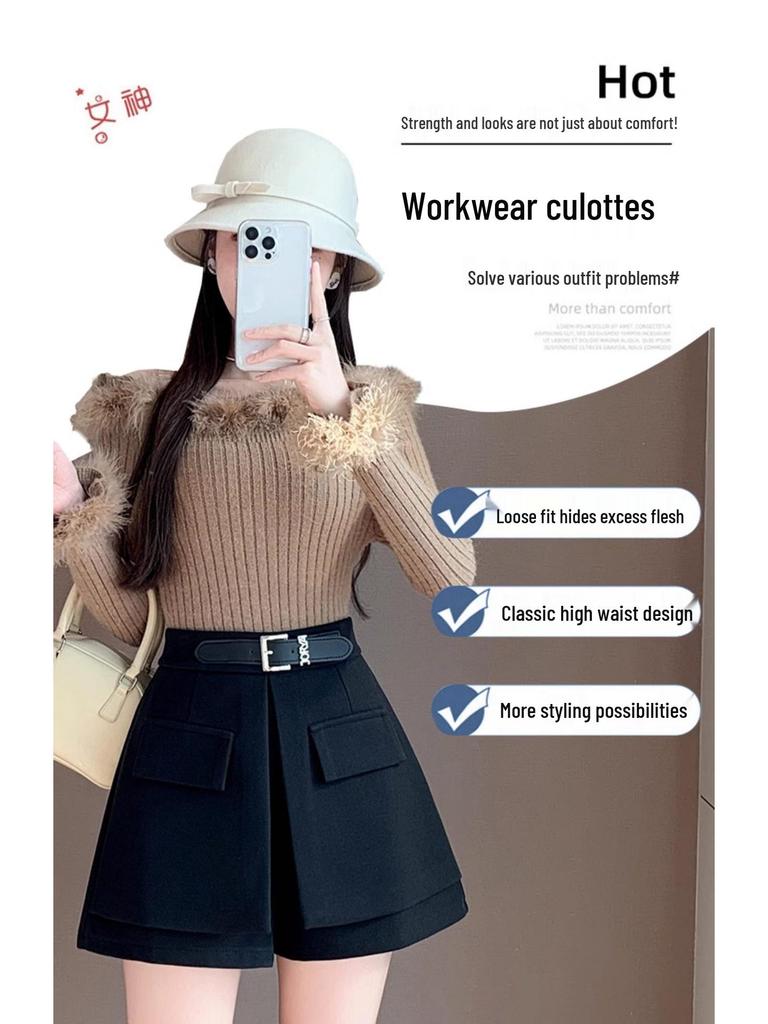 Women's High-Waisted A-Line Skort: 2026 Spring/Summer Fashion, Two-Piece Design, Wide-Leg, Casual Shorts.