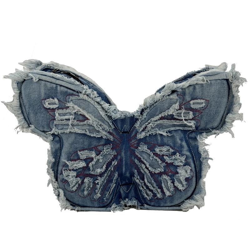Джинсовый рюкзак с вышивкой бабочки Женская сумка через плечо синий