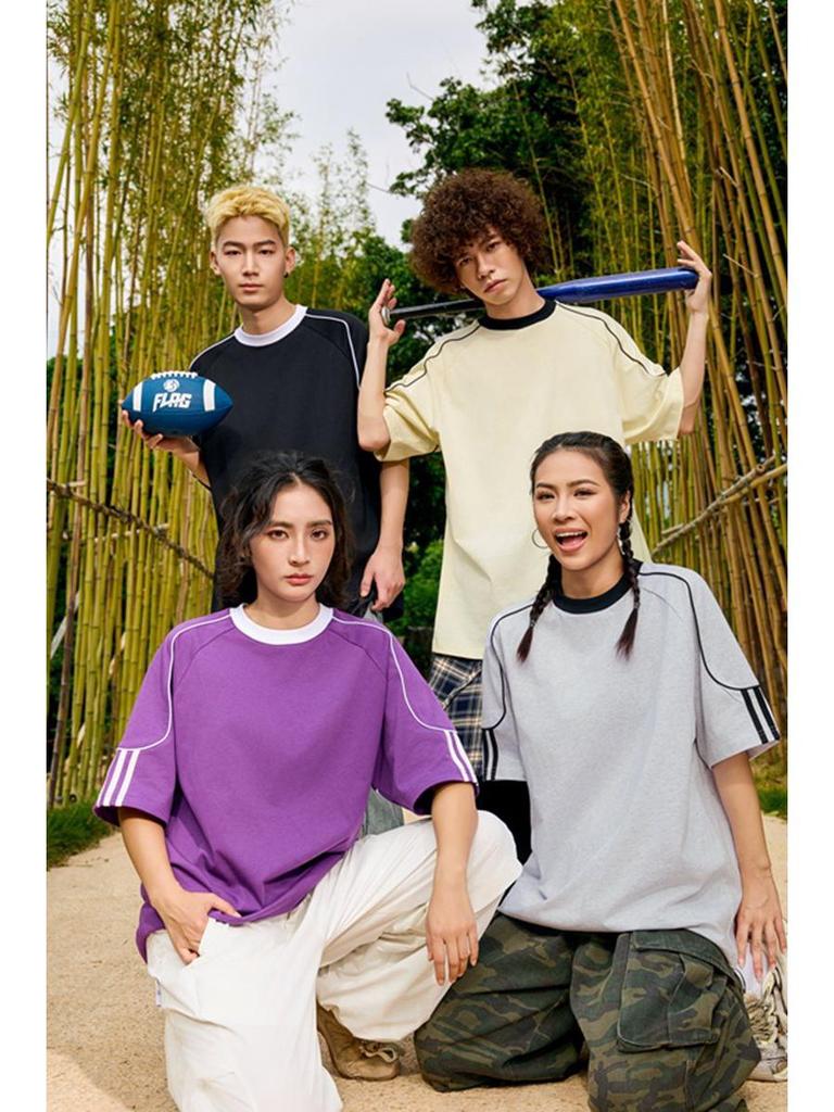 Unisex Color-Block Braided Cord Pull Tab Drop-Shoulder T-Shirt with Round Neck