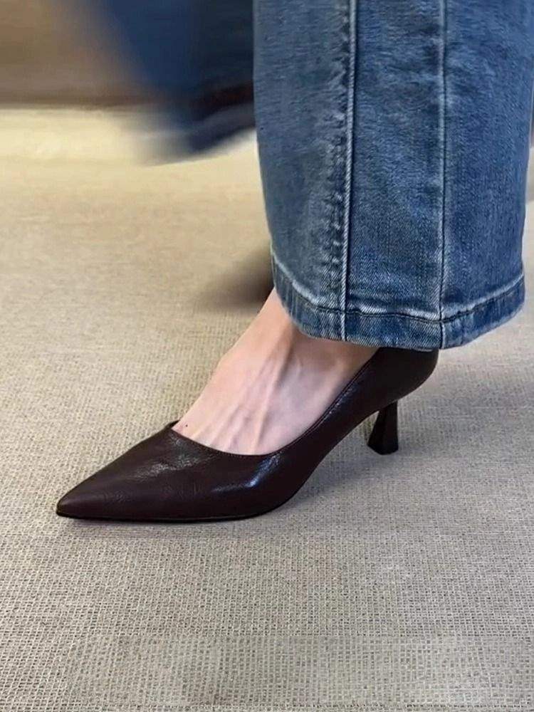 Cowhide Version~ Black High Heels Women's Cat Heel 2025 New French Pointed Middle Heel Single Shoes Professional Shallow Mouth Women's Shoes