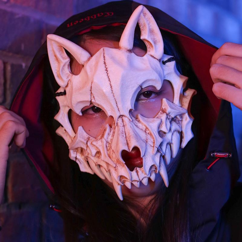 2026 New Halloween Mask Half-face Mask Cos Dragon God Fierce Tiger Night Fork Tengu Man Wolf Mask Performance Skull Masks