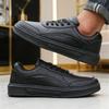 Men Black Casual Shoes Platform Sole Low Top Sneakers Leather Non Slip Comfortable Breathable Lace Up Shoes Trendy Street Style