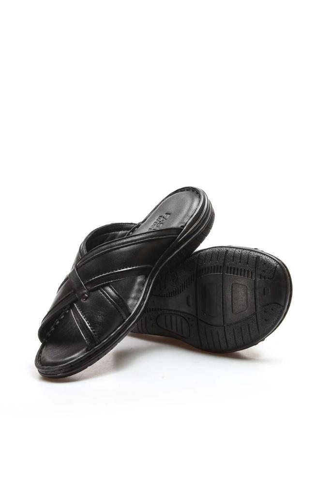  Inside And Outside Genuine Leather Black Classic Cross Men's Slippers