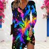 Damen Übergröße V-Ausschnitt Langarm Regenbogen-Print A-Linien-Kleid