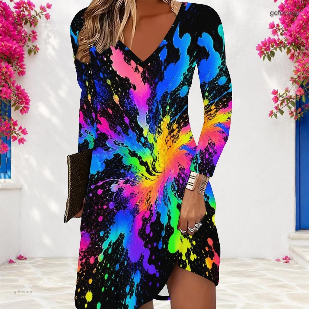 Women Plus Size V Neck Long Sleeve Rainbow Printed A Line Dress
