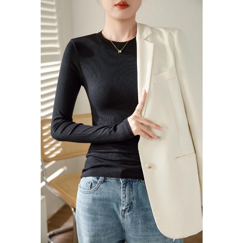 Women High Elastic Ribbed Crew Neck Long Sleeve Slim Fit Base T Shirt Top