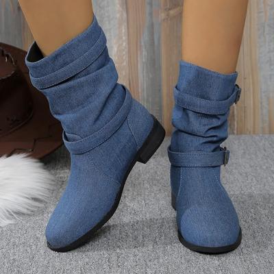 2025 Fashion Women Denim Round Toe Turkey Boots Femme Buckle Decor Midi High Ankle Boots Party Workwear Party Shoes Korean
