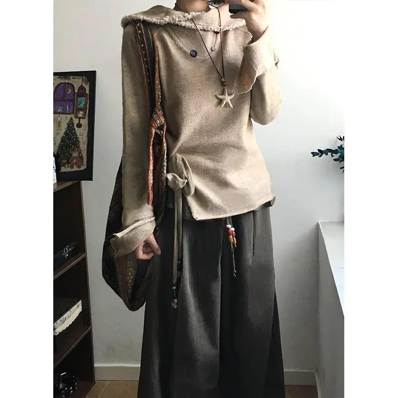 

Women s Retro Frayed Long Sleeve Drawstring Sweater One Size