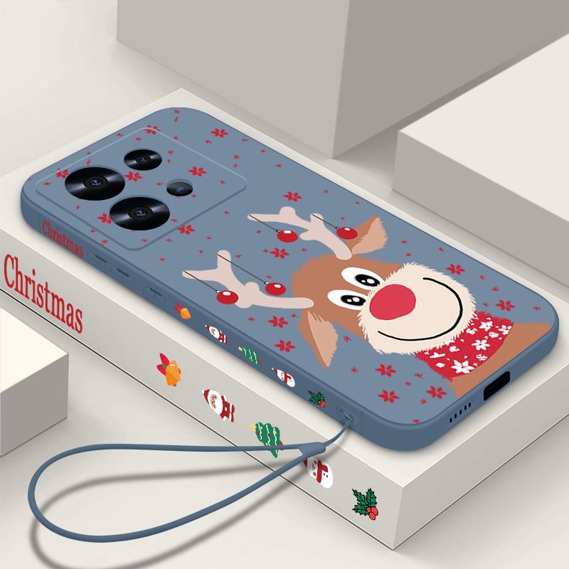 Cute Christmas Elk Printed Lanyard Phone Case For Xiaomi Redmi Note 14 13 12 Pro Note 13 14 Pro Plus 5G 13 13C 4G 11 10 Pro Silicone Cover