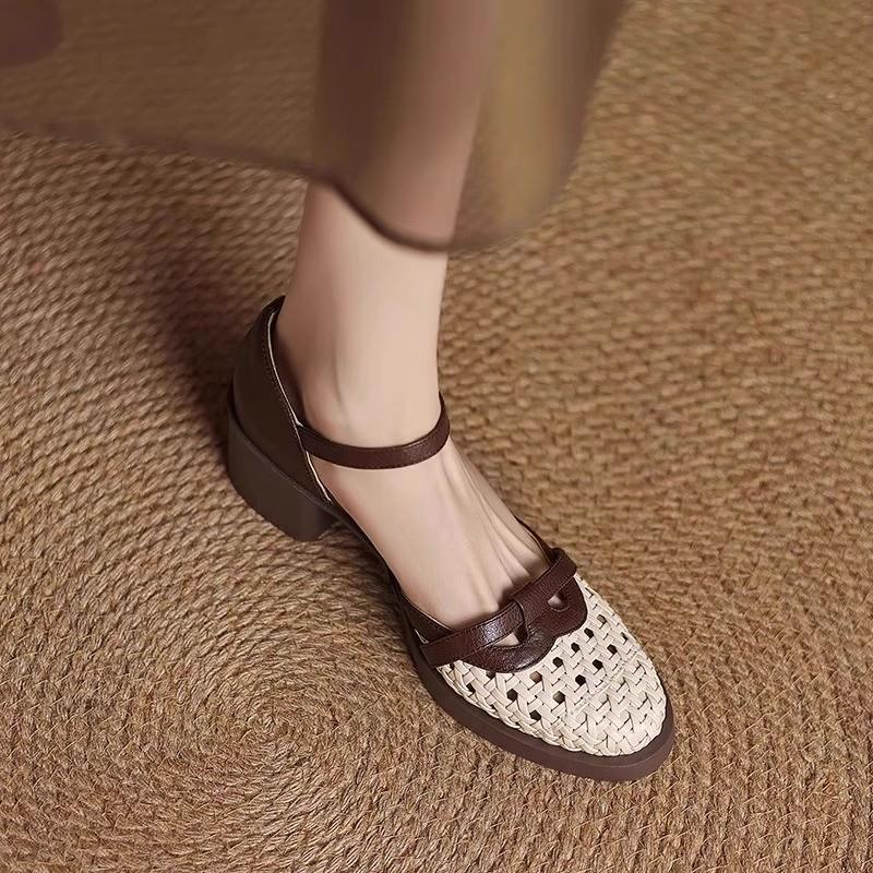 Fashion Retro Woven Cutout High Heel Baotou Sandals Summer New Round Toe Shallow Mouth Block Heel Shoes Women