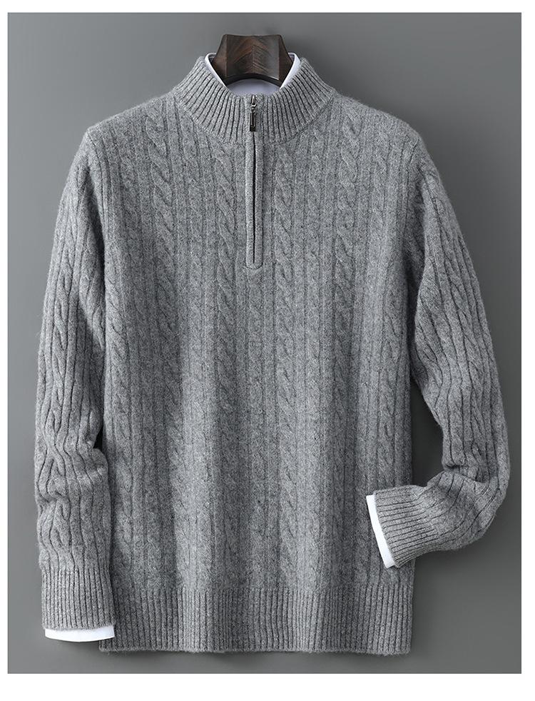 Men's Pure Wool Half-High Collar Cable Knit Zipper Sweater - Thick & Loose for Autumn/Winter