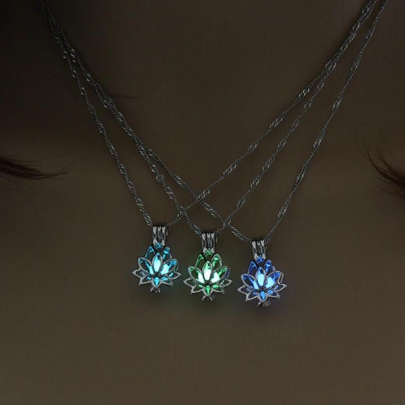 Creative Hollowed Lotus Glow In The Dark Pendant Necklace Luminous Jewelry Chain