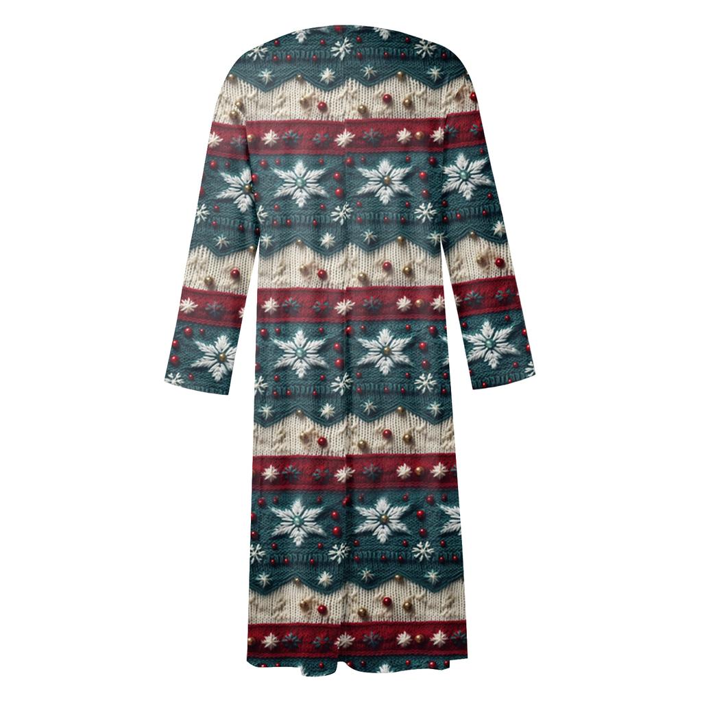 Women's Casual Round Neck Christmas Print Midi Dress Long Sleeve Pocket Dress