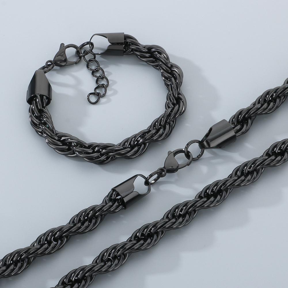 Classic Men's 10mm Twisted Rope Chain Man Bracelet Necklace Set Luxury Black Gold Color 61CM Long Stainless Steel Choker for Men