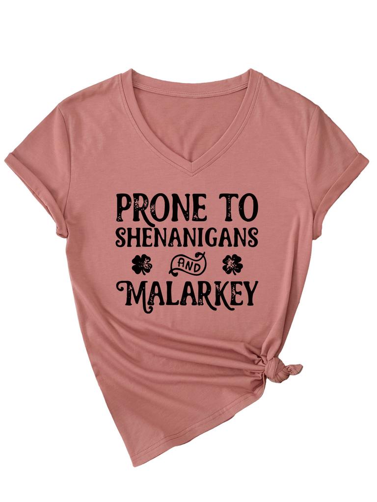 Fashionable and Versatile Prone To Shenanigans Printed Top V-neck Short Sleeved Women's T-shirts