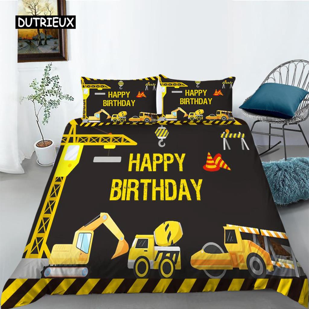 Baufahrzeug Bettbezug Mikrofaser Cartoon Baufahrzeug Druck Bettwäscheset Geschenk Alles Gute zum Geburtstag Muster Steppdeckenbezug