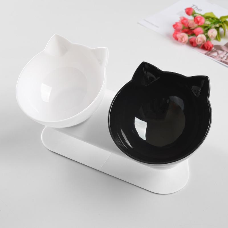 Non Slip Oblique Mouth Plastic Pet Cat Basin Dog Bowl Feeder 15 Degree Bowl with Stand Basin Oblique Mouth Double Bowl cat Bowl