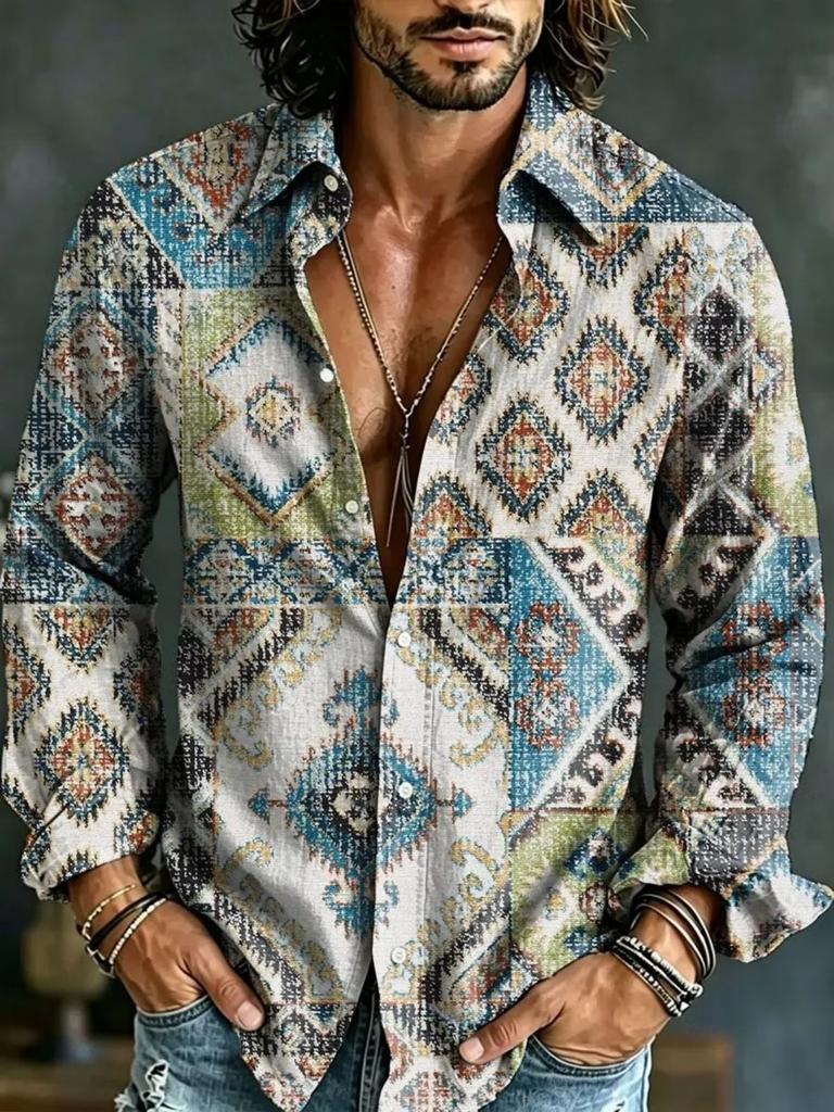 Bohemian Floral Embroidered Long-Sleeve Shirt, Stylish Casual Men's Top