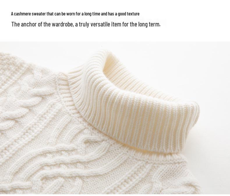 Women's Thick Cable Knit Cashmere Sweater - High Neck, Loose Fit, Soft Jacquard Inner Layer