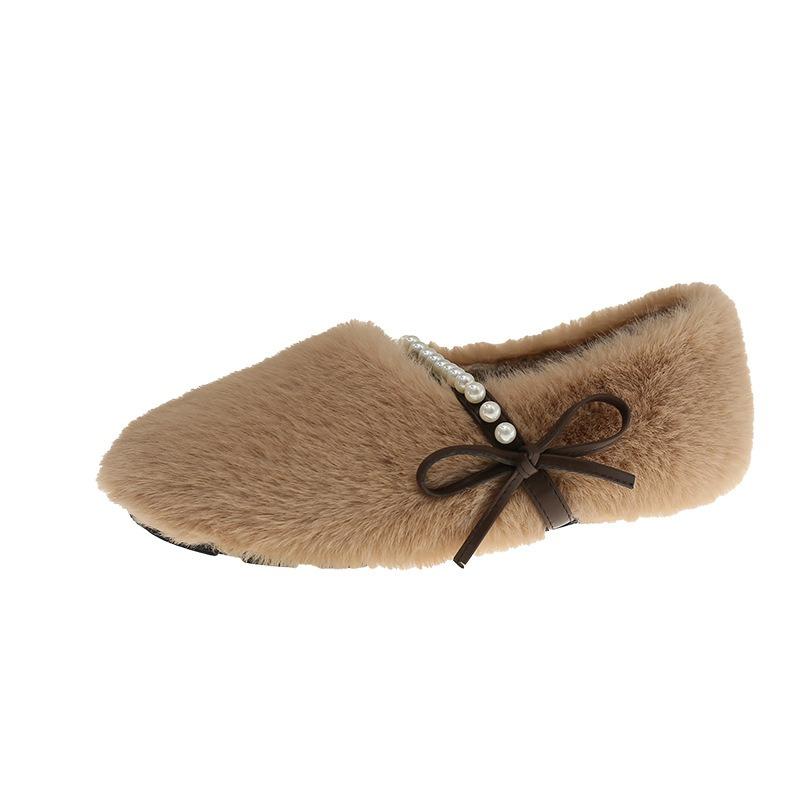 Pearl Velvet Flat-bottomed Beanie Shoes Women's Winter Warm Lazy Bow Fluffy Shoes Women