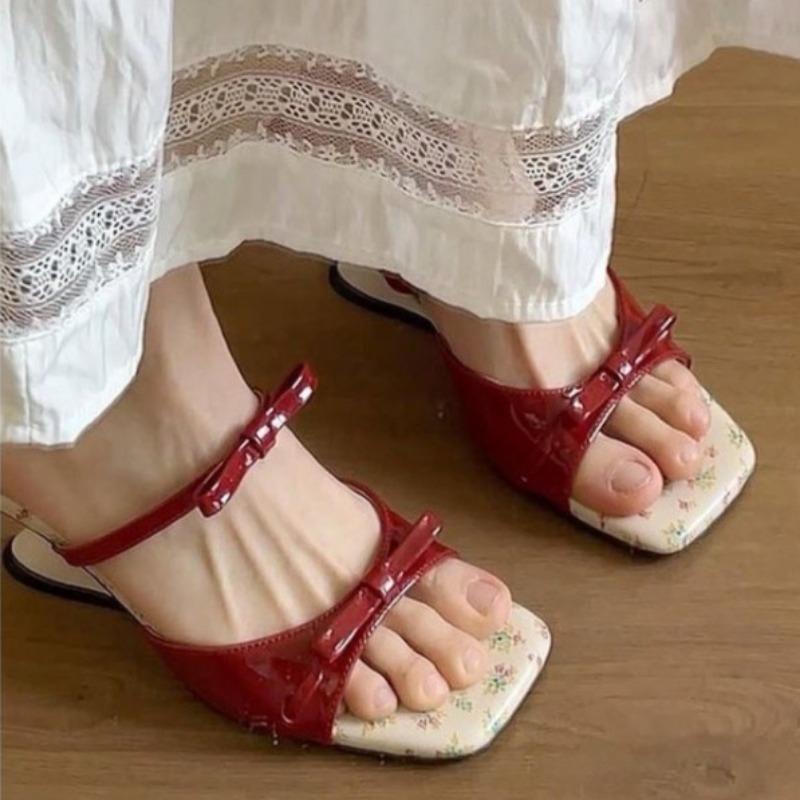 Fashion Women's Fashion Slope Heel Sandals Summer New Square Head Shallow Mouth Butterfly Knot Anti-slip Wear Slippers