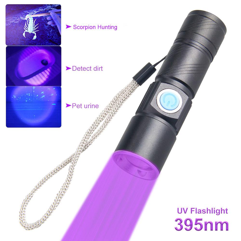 1/2pc 395nm UV Lamp USB Rechargeable Ultraviolet Flashlight 3Mode Powerful Mini UV LED Torch Telescopic zoom UV Light Blacklight