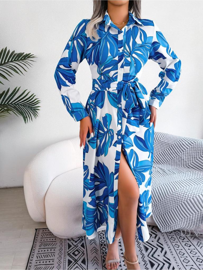 Abito Stampato con Colletto Revers Bottoni Vita Alta Elegante Abito Camicia per Donna Manica Lunga Abiti Ampi Abito Casual