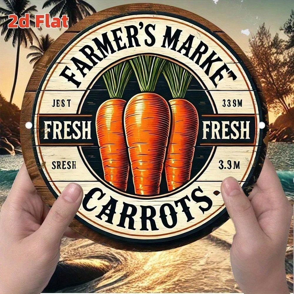 Vintage Farmers Market Metal Tin Sign, Rustic Farmhouse Decor with Carrots, Waterproof Aluminum Poster, 7.87in