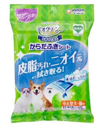 Unicharm [Sold As a Set] Deoclean Body Wiping Sheets for Medium and Large Dogs and Cats, Soft Soap Scent, 15 Sheets X 2