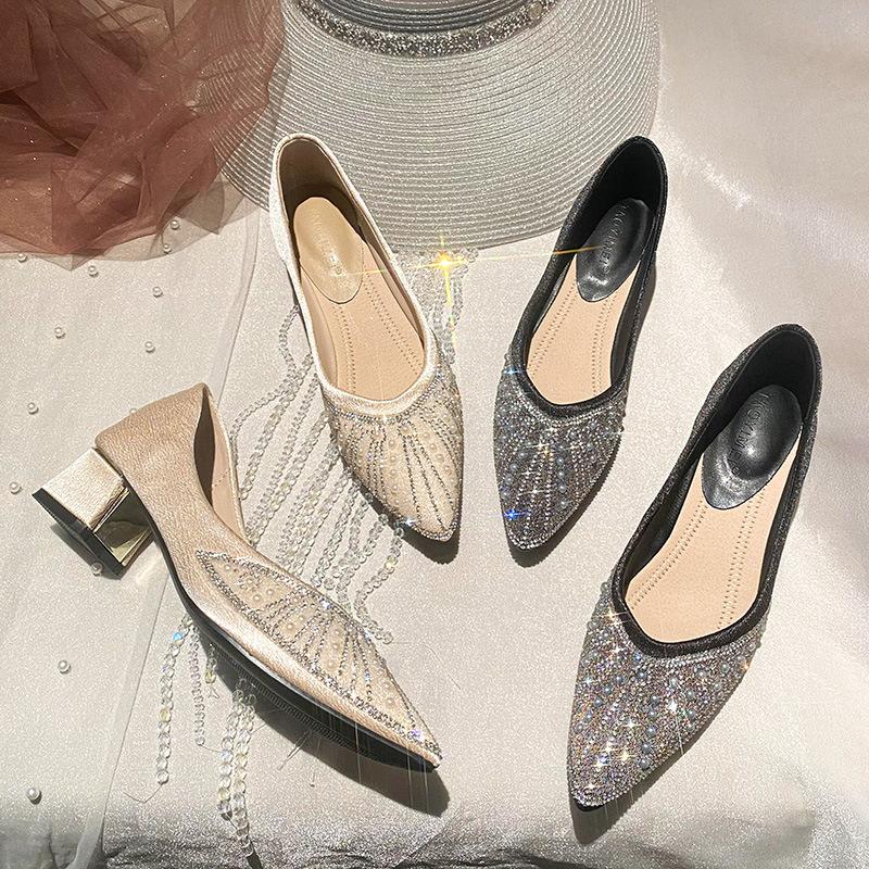 French high-heeled rhinestone pearl work shoes soft-soled women's shoes 2025 spring pointed single shoes women's evening breeze gentle shoes