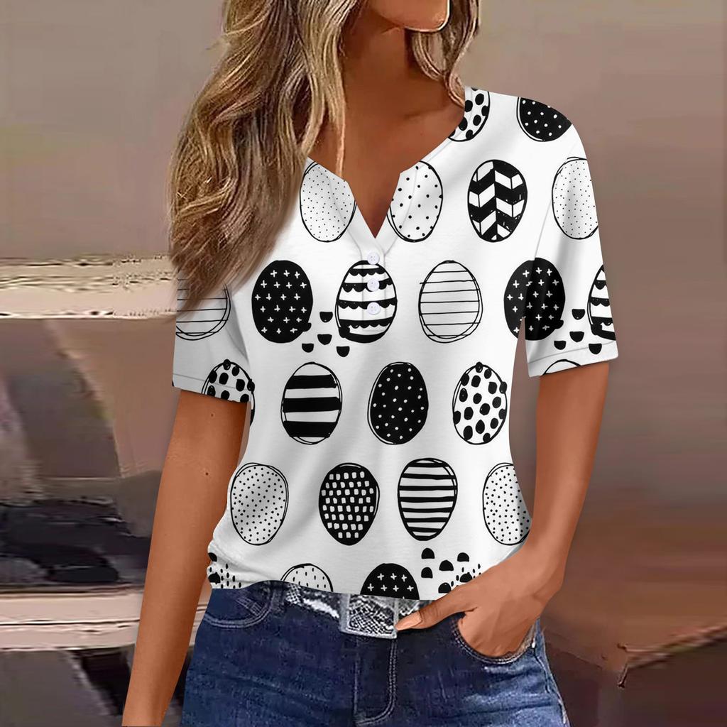 Women's Fashion Casual Easter Printed V-Neck Short Sleeve Decorative Button T-Shirt Top