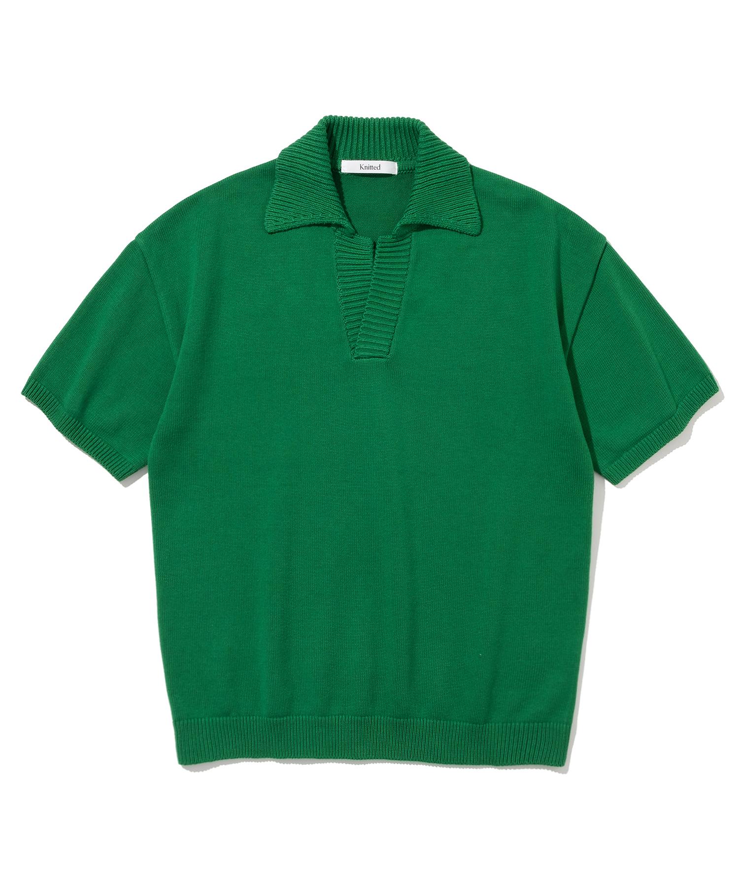 Nitied Open Collar Ribbed Short Sleeve Knit Tee Green L