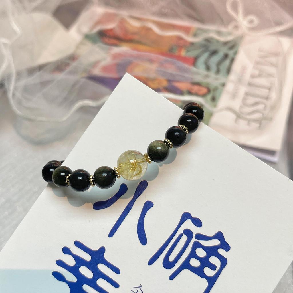 Original Partner-Stil Goldener Rutilquarz & Goldener Obsidian Kristall Perlenarmband - Einzigartiges Schmuckgeschenk
