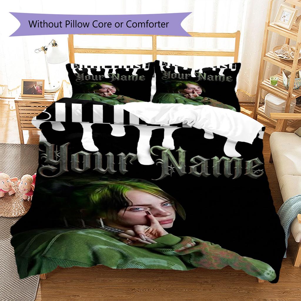 Billie Eilish Custom Name Pattern Bedding,Quilt Set Quilt Cover Pillowcase Home Birthday Gift(1 * Duvet Cover + 2 * Pillowcase, Without Core)