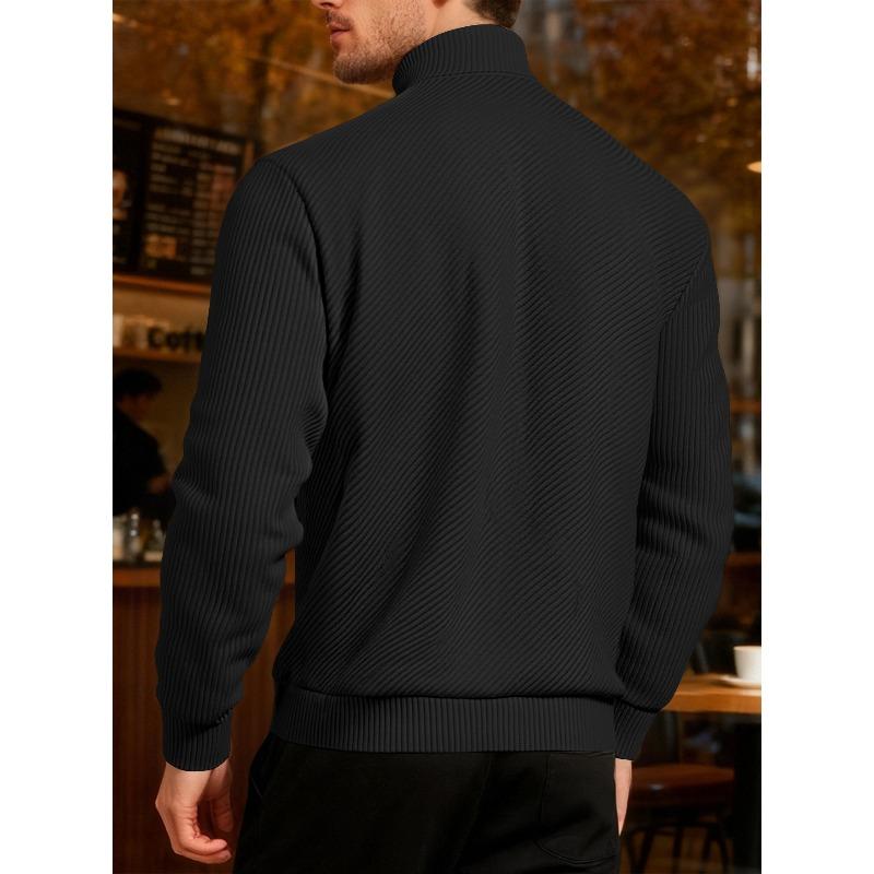 Men's Twill Jacquard Ribbed Half Zip Sweatshirt, Long Sleeve Stand Collar Sport Casual Trendy Pullover Hoodie for Autumn Winter
