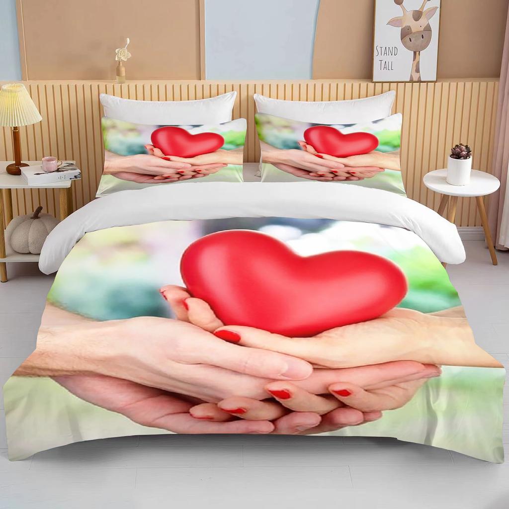 Love Heart Valentine's Day Red Pink Rose Flower 3D Bedding Set Duvet Cover Comforter Bed Linen For Couple Twin Queen King