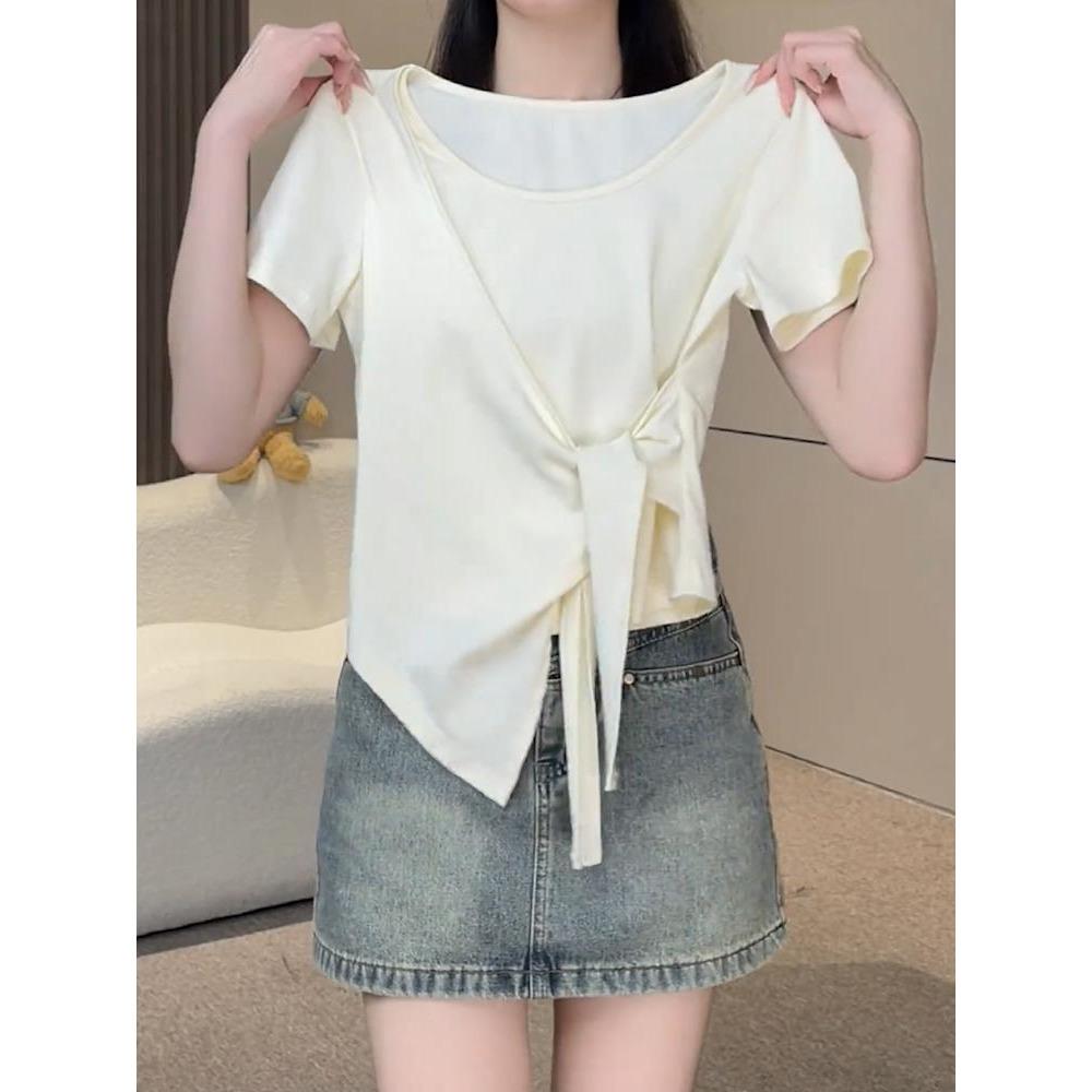 

Футболка женская с разрезами на ремешках, приталенная, с короткими рукавами, летняя, новая модная модель XXL светло-желтого