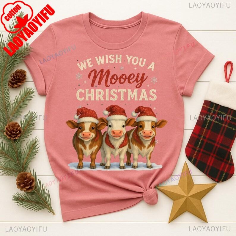 

Mooey Christmas Holiday TShirts Mugs Printable Art Lovely Three Cows Cartoons Pattern Short Sleeve Aesthetic Streetwear Tees S