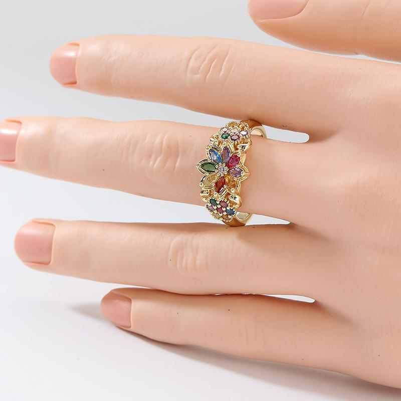 Classic Inlaid Multicolored CZ Women's Ring Trendy Gold Color Geometry Daily Wear Party Jewelry Anniversary Gift