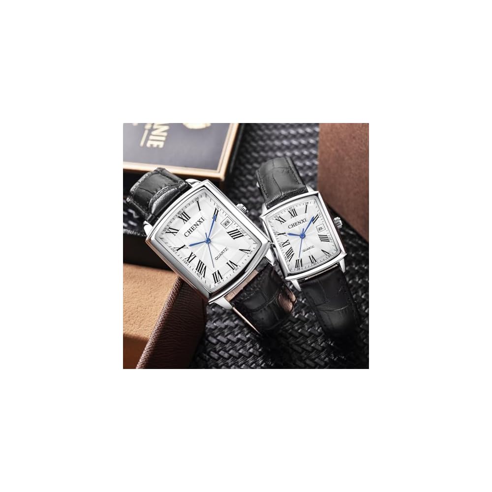 Men's Analog Quartz Watch Silver Black Leather Strap Calendar Waterproof Antique Square Design