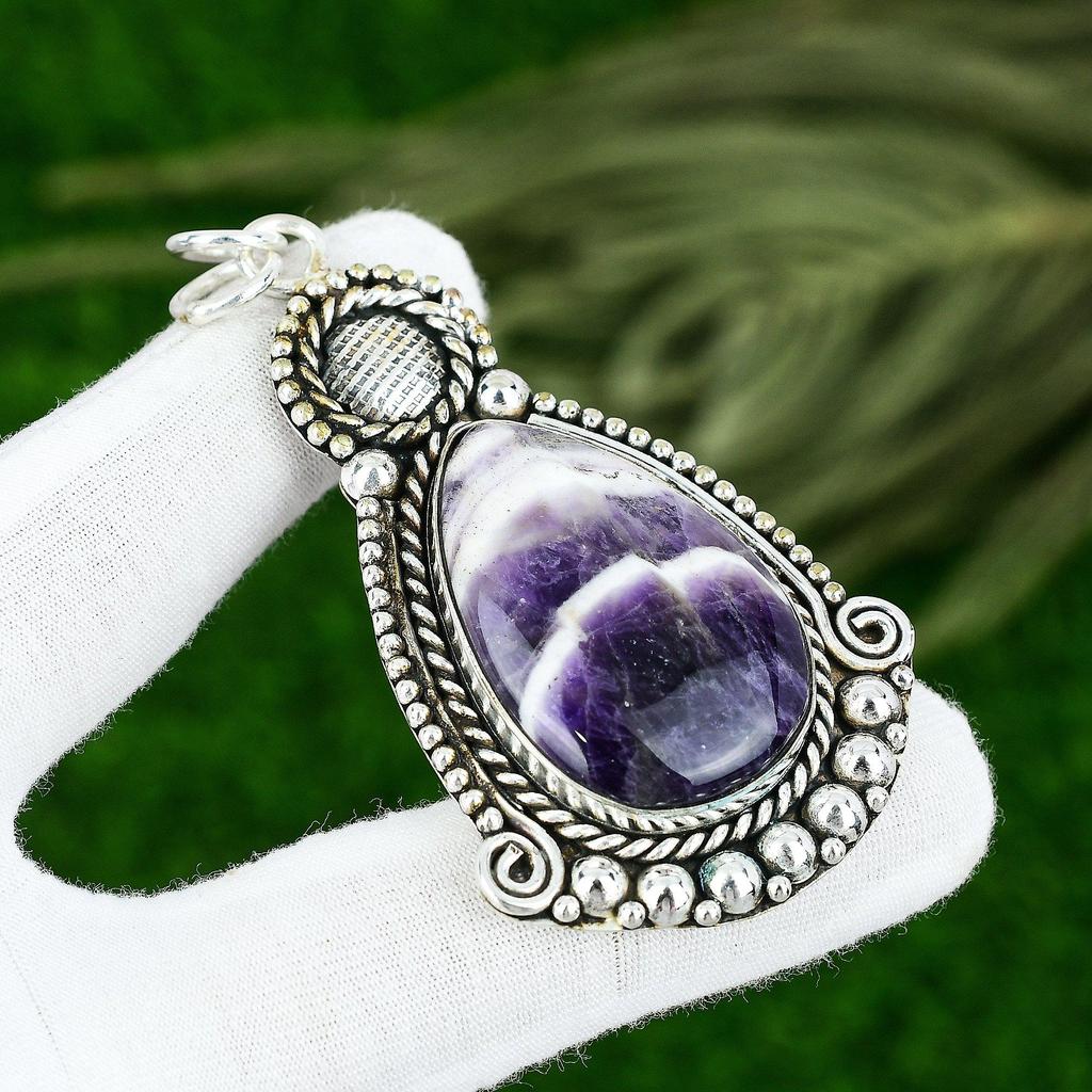 Sterling Silver Chevron Amethyst Gemstone Artisan Crown Chakra Unique Pendant