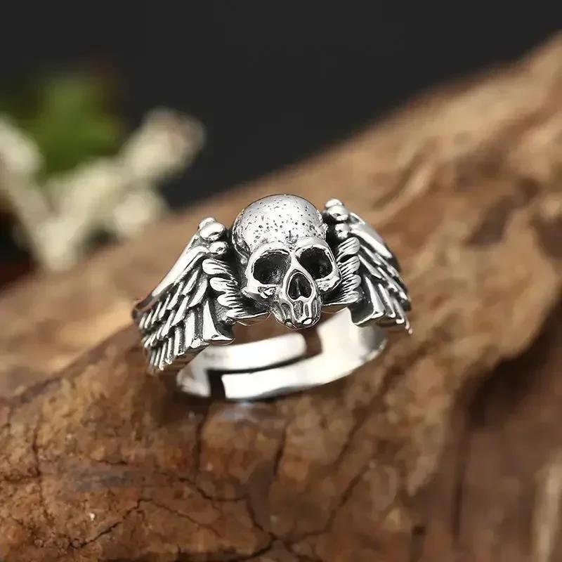 Retro Punk Devil Angel Wings Skull Open Adjustable Ring Hip Hop Trend Skull Men s Jewelry