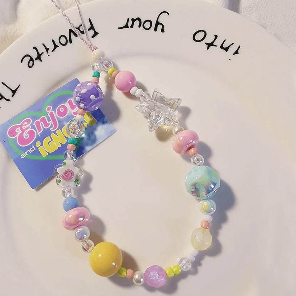 Colorful Beaded Phone Straps 14cm DIY Graffiti Acrylic Star Anti-Lost Phone String Key Chain