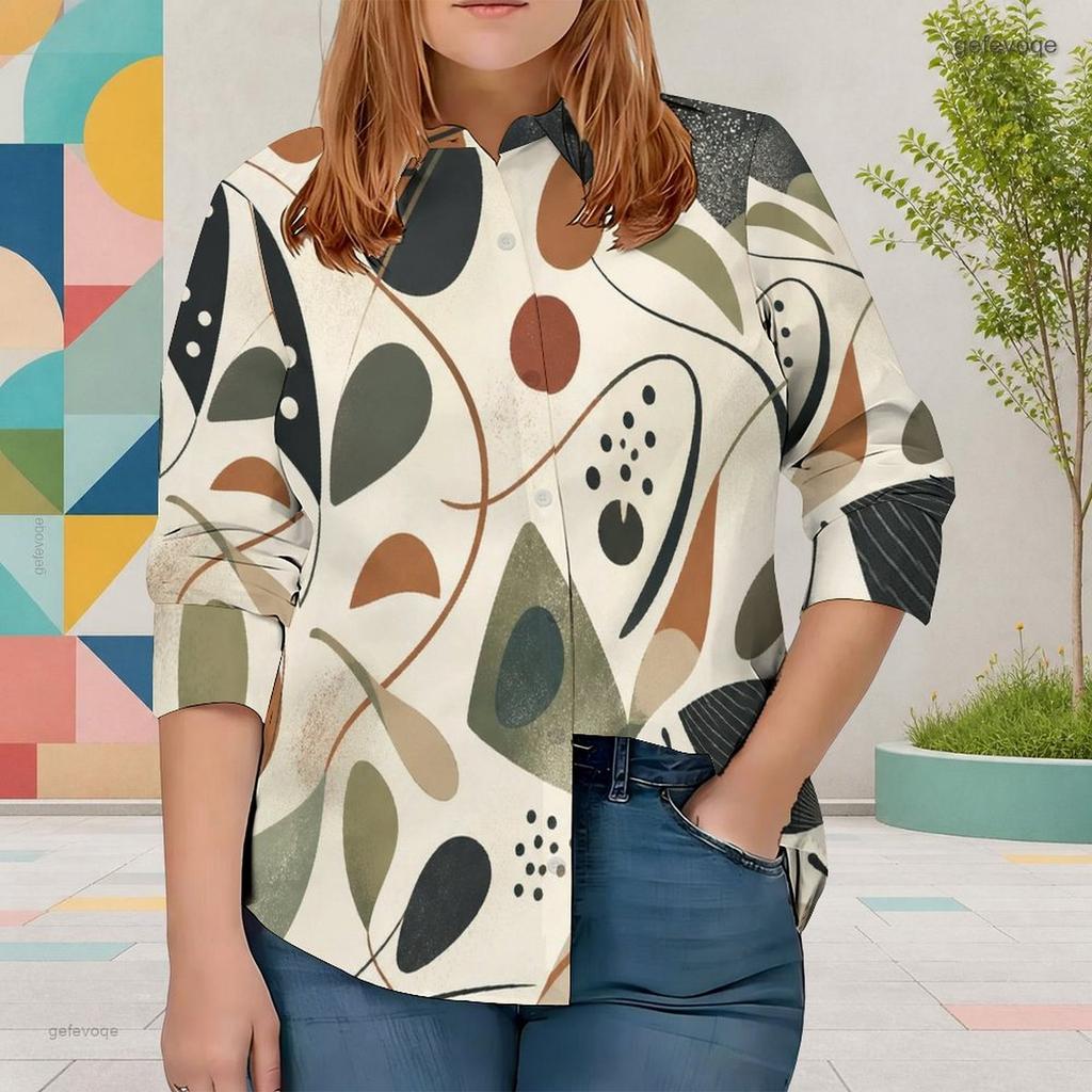 Women Plus Size Collared Long Sleeve Geometric Printed Button Front Shirt