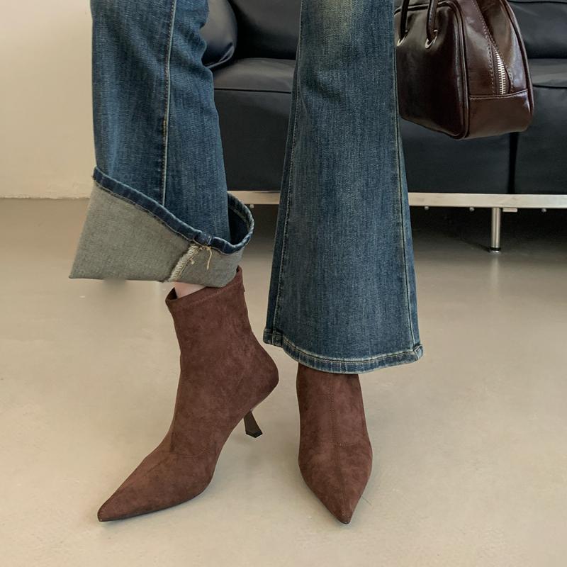 SUOJIALUN Winter New Brand Women Ankle Boots Fashion Pointed Toe Ladies Elegant Chelsea Boots Shoes Thin High Heel Dress Pumps