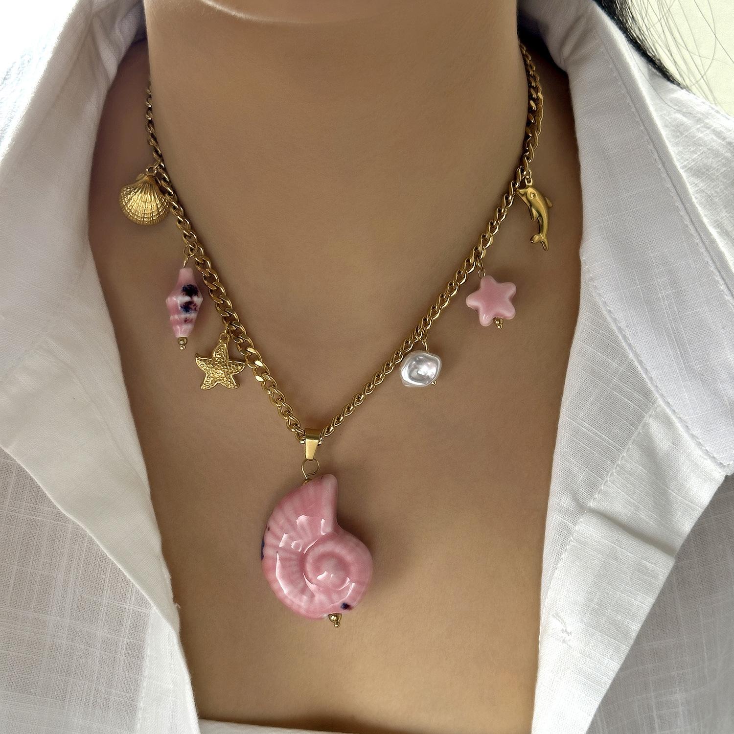 Ocean series new personality exaggerated starfish shell decorative pendant stainless steel fashion necklace