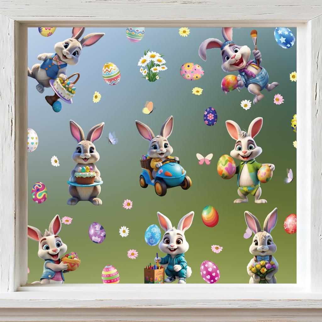 Ostern Statische Haftaufkleber Cartoon Eier Hasen für Fenster Wanddeko Zuhause Feiertagsdekoration