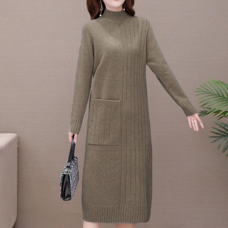 Knitted Dress for Women In Autumn and Winter Korean Style Loose Mid-length Pullover Solid Color Half Turtleneck Sweater Dress