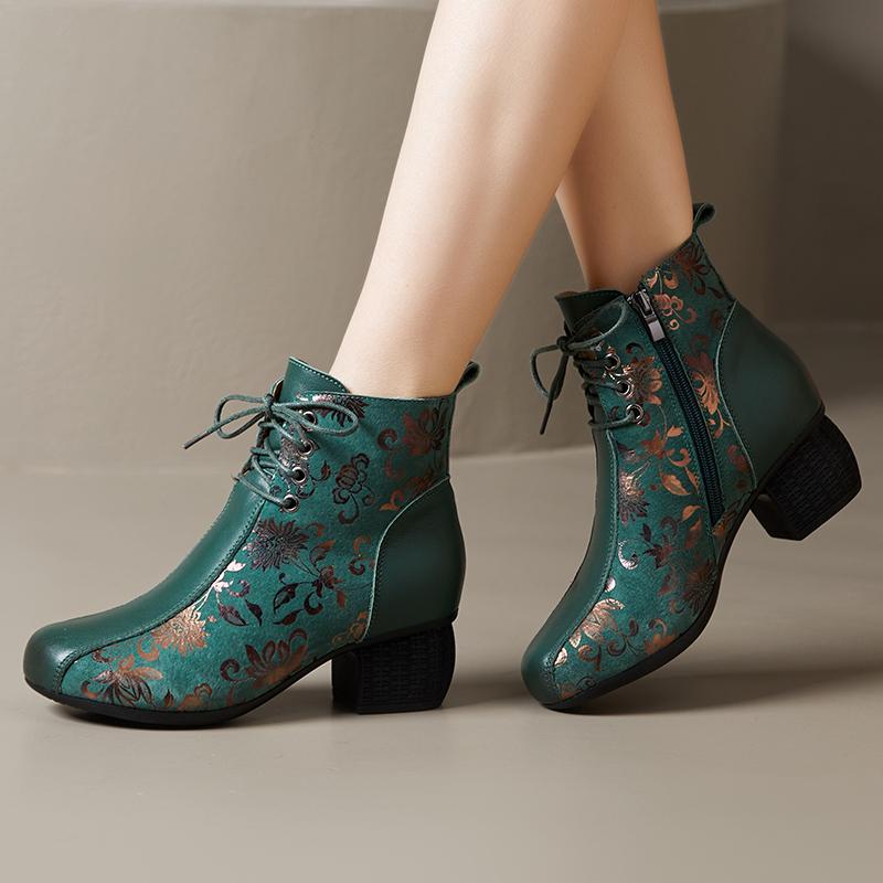 Fashion GKTINOO Genuine Leather Ankle Boots 2025 Winter New Ethnic Printed Women's Boots Soft Soles Thick Heels Mother's Leather Boots