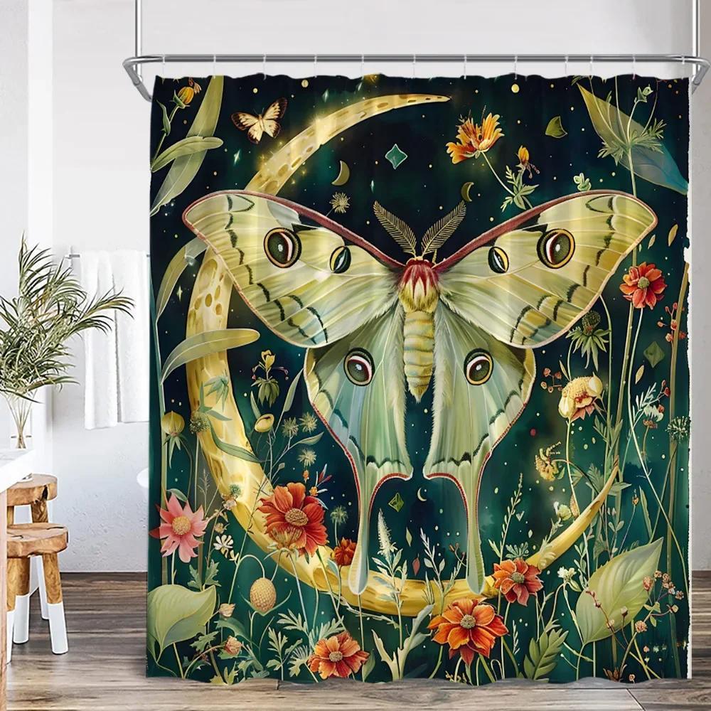 Vintage Butterfly Floral Shower Curtain Dragonfly Flower Moon Plant Skull Witch Magic Shower Curtain Bathtub Decoration